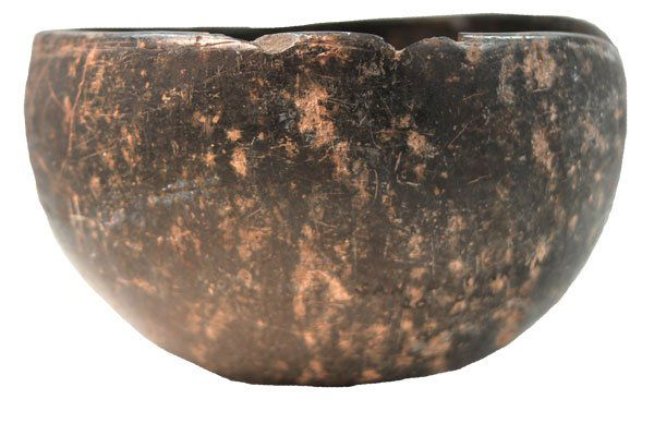 Chumash Steatite Bowl. Santa Babara Co, CA: 314. 5 1/4” D. Steatite Bowl. Santa Barbara Co, CA. Glued. Very old Chumash example