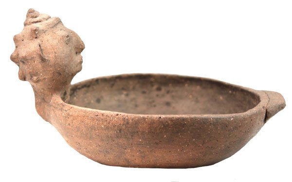 Rattlehead Human Effigy Rim Bowl. Strange: 340. 8” D. Rim Effigy Bowl. Rattle Head. Cape Girardo Co, MO. Some repairs. Detailed. Ex-Strange