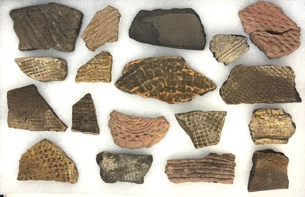18 Pottery Shards. Great Study Frame. Ex Ronald Max Hinshaw Collection.