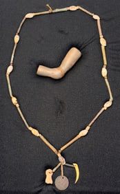 38" Strand of Rolled Copper, Shell Beads, Coin and 4 1/4" Creek Indian Trade Pipe.