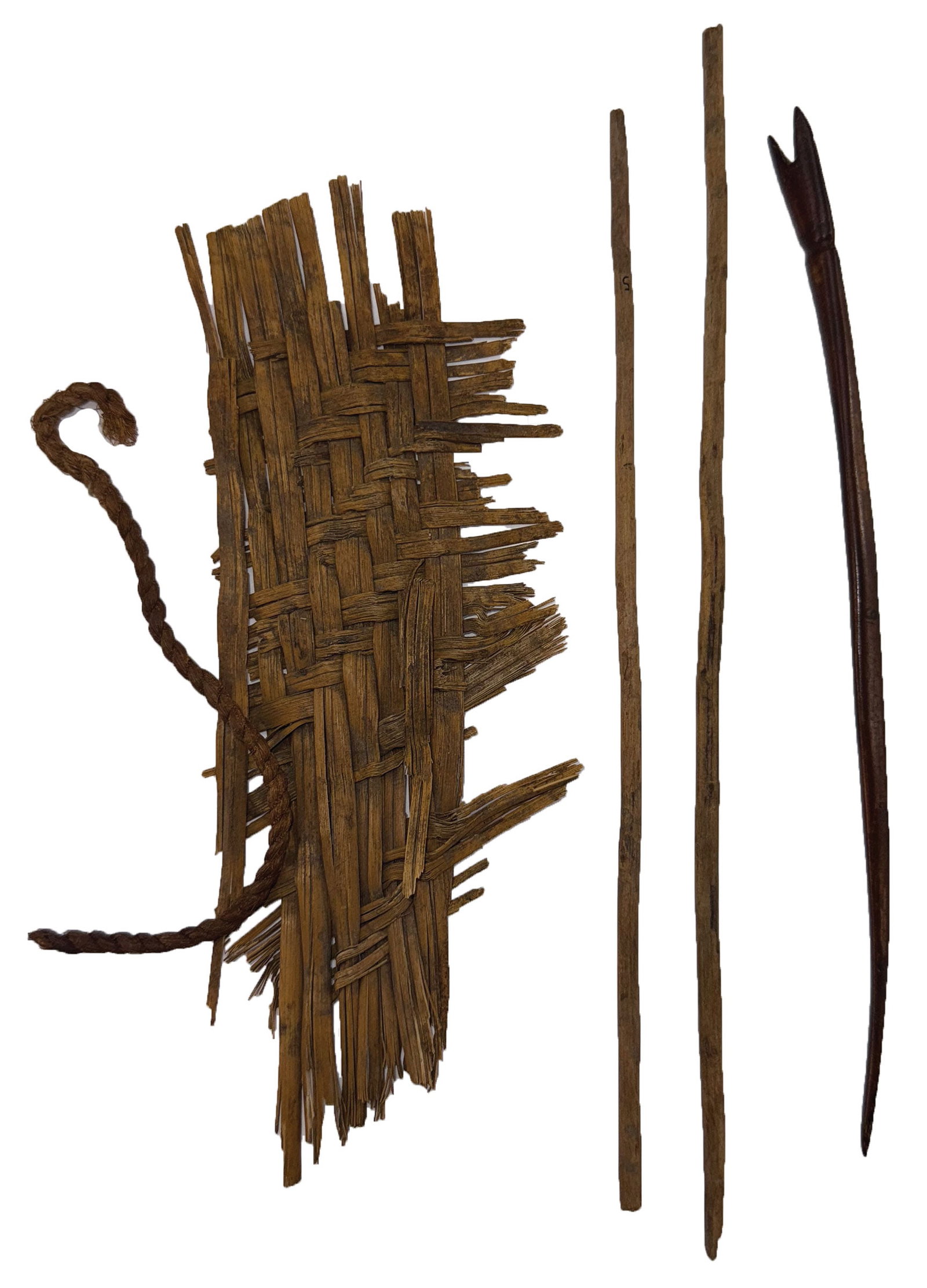 Cane Mat with 3 Bone Pins. 8 3/4" to 10 7/8". Ex Doug Watkins.: Cane Mat with 3 Bone Pins. 8 3/4" to 10 7/8". Ex Doug Watkins.