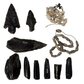Frame of 9 Obsidian Cores, Points and Blade with 2 Strands of Shell Beads. Oregon.