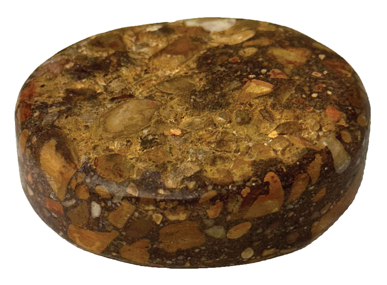 2 3/8" Conglomerate Discoidal. Mississippi. Some old material pitting. Ex Pat Gaines. (1 of 4)
