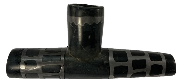 6 3/4" Ojibwa Inlaid Steatite Pipe. Pewter inlay. South Dakota. Ex Doug Watkins.