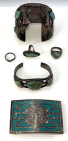 6 Pieces of Sterling Silver Tourquise Jewerly and a Belt Buckle. Ex Hinshaw.