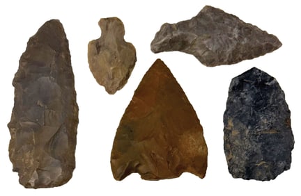 Five Indiana Points. 1 7/8" to 4" Various materials and styles. Ex Doug Watkins.