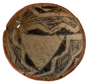 5 1/2" D. by 2" Tall Pinto Polychrome Bowl. Broken and Glued. Arizona. Ex J.R. Cunkle.