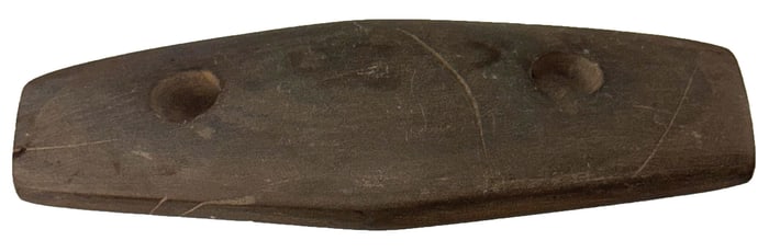 3 7/8” Two Hole Gorget. Slightly humped in middle. Brown Slate. Ohio. Ex King Ross. 