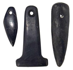 3 Canal Coal Pendants. 1 3/8" to 2". Fox Field Site, Mason Co, Kentucky. Ex Sonny Atkinson. 