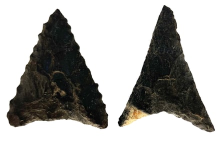 2 Triangles. Both are 2". Black Chert. Pennsylvania. Ex Bill Mangold. 