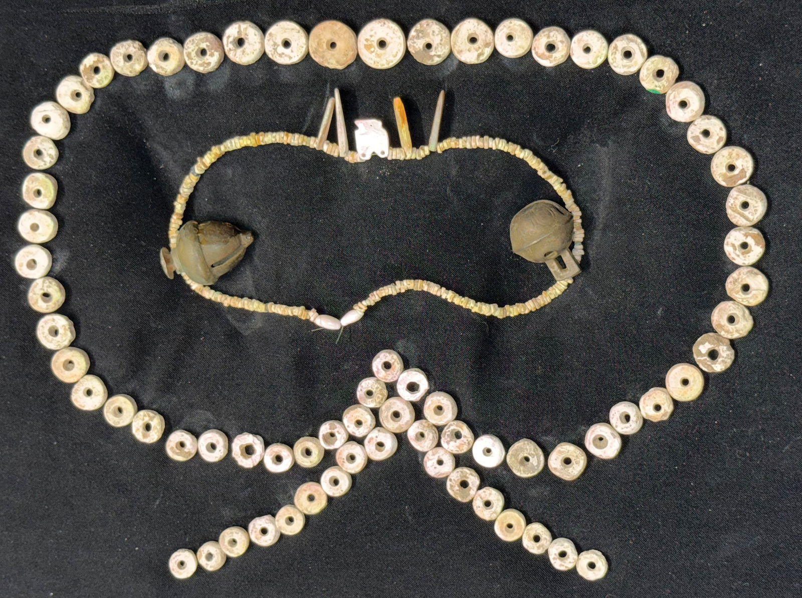 Anasazi Style Shell Bead Necklace with pendants and two trade bells. Ex King Ross. (1 of 2)