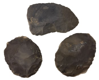 3 Crib Mound Blades. 4" to 5 1/16". Spencer County, IN. Ex Gerber, Tucker and Pipes.