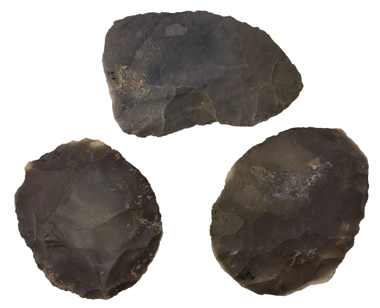 3 Crib Mound Blades. 4" to 5 1/16". Spencer County, IN. Ex Gerber, Tucker and Pipes. (1 of 2)