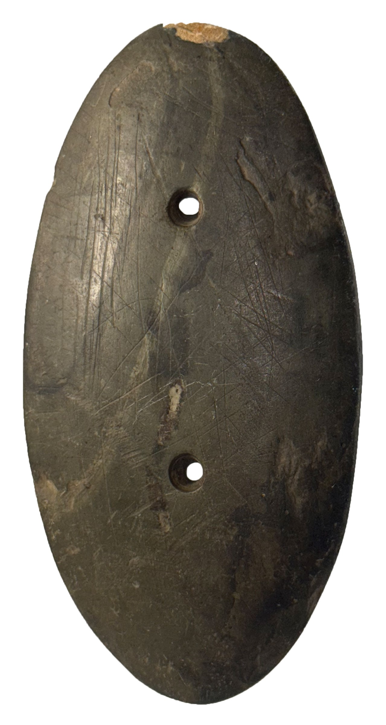 4 15/16" Gorget. Highly engraved. Restoration. Slate. Indiana. Ex Earl Townsend. Bennett COA. (1 of 3)