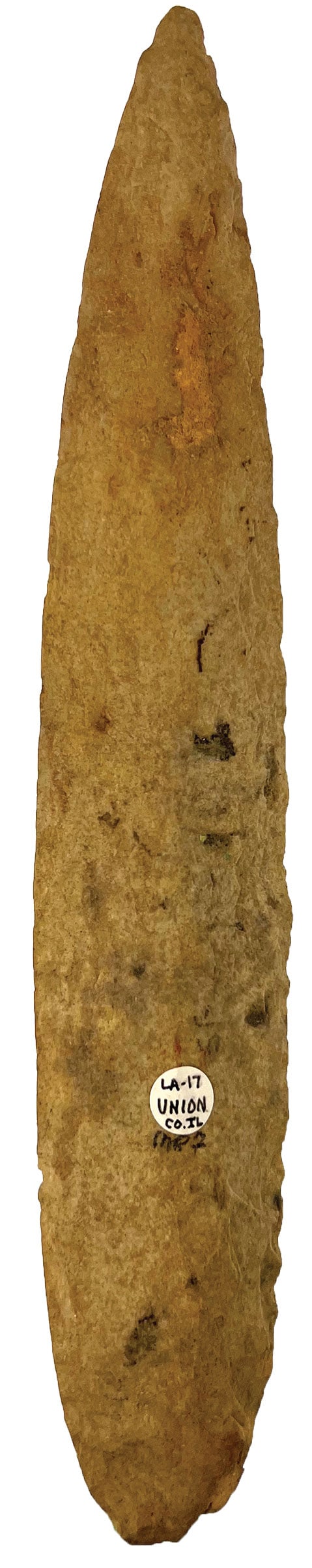 8 5/8" Sedalia. Illinois. Mill Creek Chert. Ex Lee, Regan, Putty. Rogers and Putty COAs.: 8 5/8" Sedalia. Union County, IL. Mill Creek Chert. Blade was used as a Lance. All edges show grind dulling that would eliminate use as a Knife. Ex Robert Lee, Steve Regan, Tony Putty and Matt Roos. R