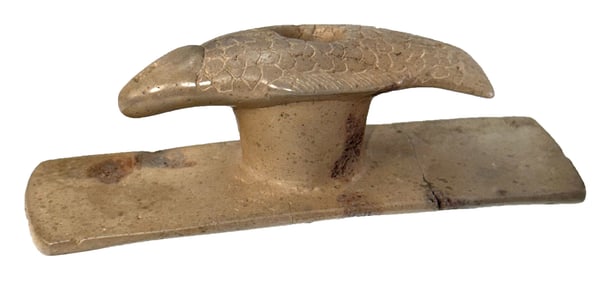 3 11/16" Fish Effigy Platform Pipe. Ohio. Broken and glued. Ex Dr Copeland.