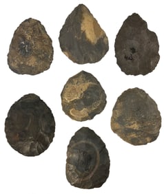 7 Crib Mound Cache Blades. Spencer County, Indiana. Recovered in 1967. Ex Bill Mangold. 