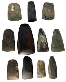 11 Miniature Celts. 1 3/4" to 3 1/2" Variety of Materials. Unknown Provenance. Ex Bill Mangold. 