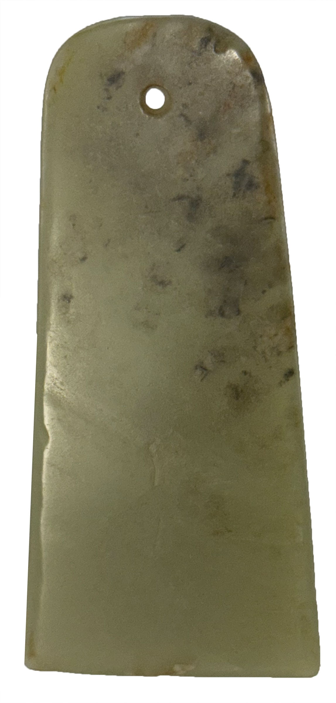 4 13/16 Peruvian Trapezoidal Pendant. Semi Translucent. Ex David Smith. COA.: 4 13/16” Peruvian Trapezoidal Pendant. Semi Translucent, wafer thin polished Jade. Ex David Smith. COA.
