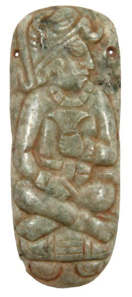 Very fine 4 3/8” Jadite Pendant. Heavily engraved: 83. Very fine 4 3/8” Jadite Pendant. Heavily engraved with Human Figure and glyphs. Two holes for suspension. Maffenbrier