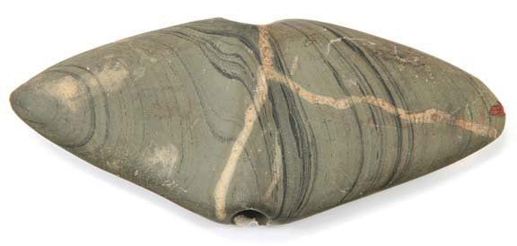 5 3/4” Wing Bannerstone. OH. Ex-Copeland.: 144. 5 3/4" Winged Bannerstone. Ohio. Restored tip on one end and the hole breakout on back has been filled in. Ex-Tom Davis, Stan Copeland. Pictured in 1998 Relic List