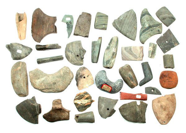 Group of 35 broken Bannestones, Gorgets, etc. Irwin: 185. Group of 35 broken Bannestones, Gorgets, etc. Collected by Dr. Irwin decades ago. Great study pieces!