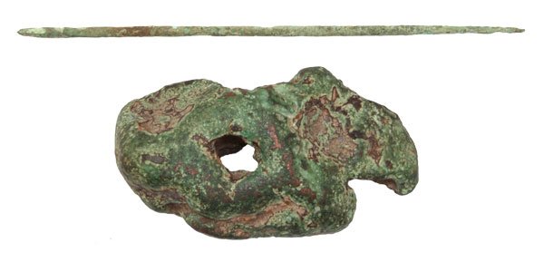 7" Copper Pin and 4" Copper Nugget. Spiro Mound.: 274. 7" Copper Pin and 4" Copper Nugget. Spiro Mound. LeFlore Co, OK. Ex-Allan Shope