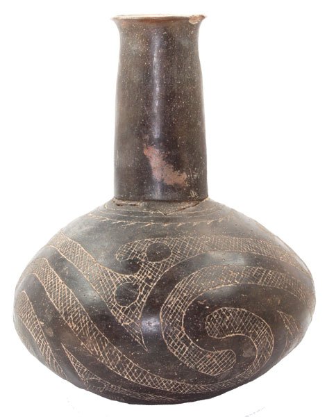 8 3/4” H. Hodges Engraved Caddo Bottle. Fine engraving: 355. 8 3/4” H. Hodges Engraved Caddo Bottle. Hot Springs Co, AR. Solid, neck glued. Very well made, fine engraving, Ex-Kevin Jerome, Kevin Pipes