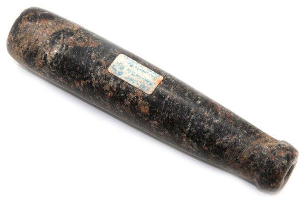 6 1/16” Nippled Tube Pipe. California. Dr. Hasewinkel: 406. 6 1/16” Nippled Tube Pipe. California. Colorful black and cream mottled Steatite. Ex-Dr. Hasewinkel. Pictured on back cover of sale catalog