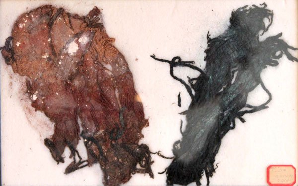 37. Fabric Remnants from Spiro Mound. Two large: 37. Rare offering: 900 yr old Fabric Remnants from Spiro Mound. Two large remnants in sealed 8”x10” Riker Frame