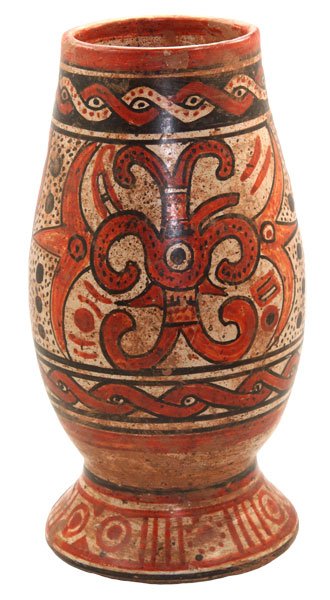 47. 9” H. Nicoya Chalise Jar. Stylized. “Feathered: 47. 9” H. Nicoya Chalise Jar. Stylized. “Feathered Serpent”. Costa Rica. Small area of base reglued. No restoration