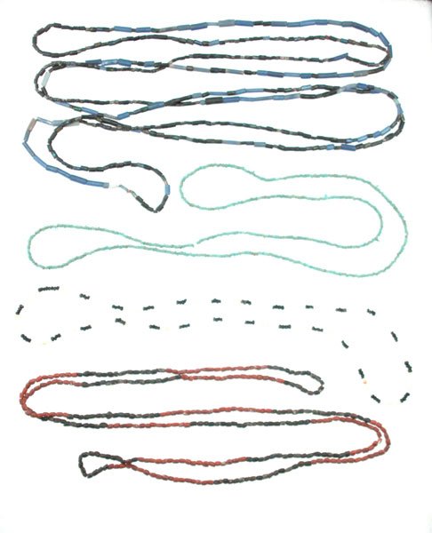 188. Four Strands of Glass Trade Beads. Dan Stroud.: 188. Four Strands of Glass Trade Beads. Dan Stroud. 1. 48” Mixed red, black. Montgomery Co, AL. Frank Morast. 2. 24” Black and white. Montgomery Co, AL. Ben Hampton. 3. 36” Green (rare) seed bea