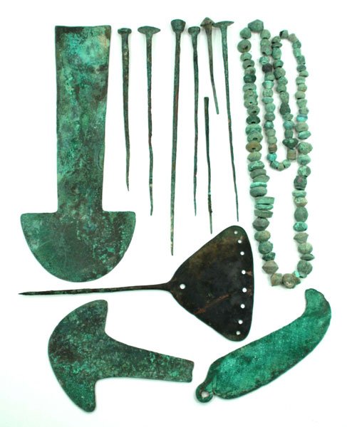 213. Tremendous offering of 12 Peruvian Copper: 213. Tremendous offering of 12 Peruvian Copper Artifacts. Largest Copper Mace is 9”. Includes Copper Necklace, Hairpins, Pins. Old Precolumbian relics