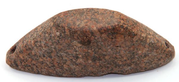 239. 4 1/8” Hardstone Boatstone. Drilled, scooped.: 239. 4 1/8” Hardstone Boatstone. Drilled, scooped. Greene Co, AR. Top anciently flattened (salvage). Nick to rim