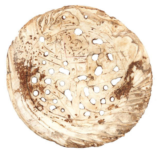 330. 4 7/16” “Birdman” Shell Gorget. TN. Davis G9: 330. 4 7/16” “Birdman” Shell Gorget. Meigs Co, TN. Chestue Site. Ex-Dr. Joe Boyle. Davis G9 COA. Very rare