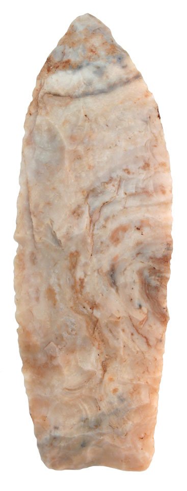 4 5/8" Clovis. Camden Co, MO. Colorful. Partain: 4 5/8" Clovis. Camden Co, MO. Basally thin, unfluted style. Colorful chert. Partain COA