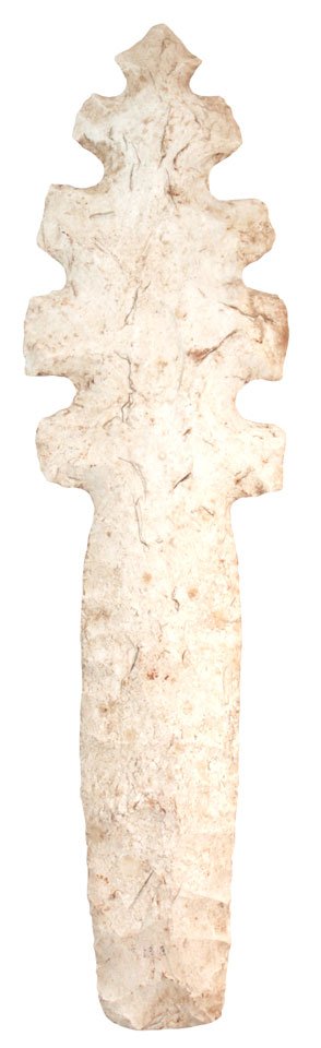 8 1//2" Flint Precolumbian Mace. Marked "Peten": 8 1//2" Flint Precolumbian Mace. Marked "Peten". Patinated, glossy white flint. Rare