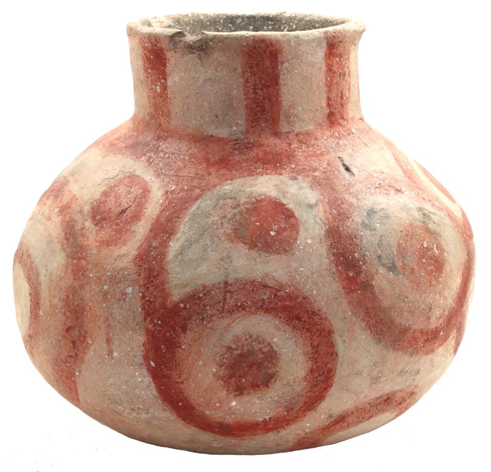 7 1/4" D. Red and White Jar. Pictured . Ex-Morast: 7 1/4" D. Red and White Jar. Miss Co, AR. Minor repairs. Pictured in Collectors (Ballinger, p157). Ex-Morast