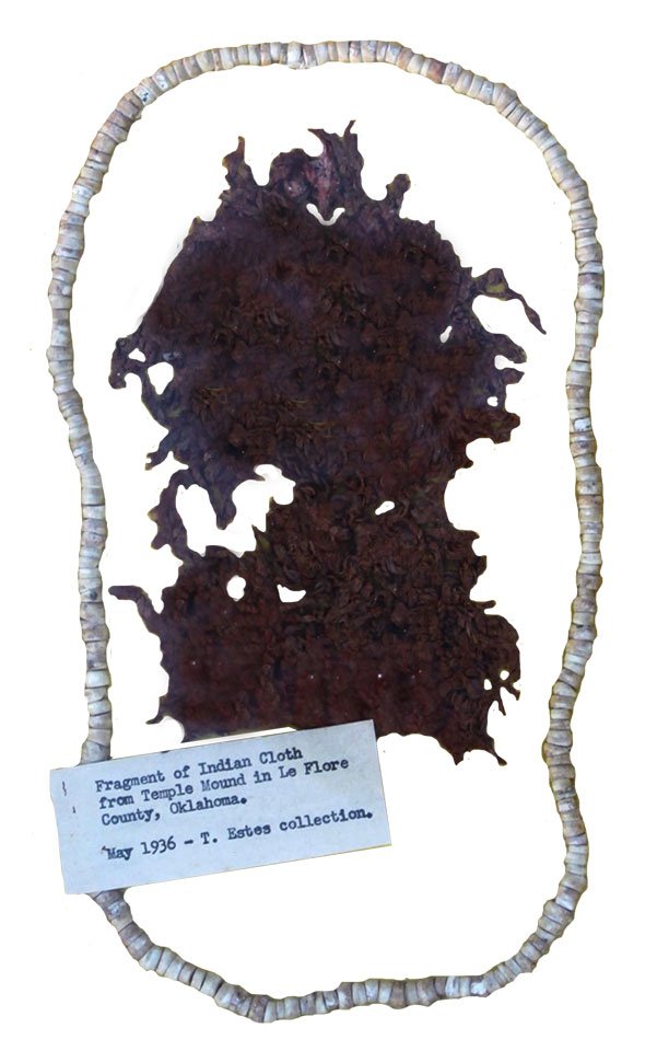 Fragment of Cloth and Necklace from Spiro Mound.: Fragment of Cloth and Necklace from Spiro Mound. Found May 1936. Ex-T. Estes