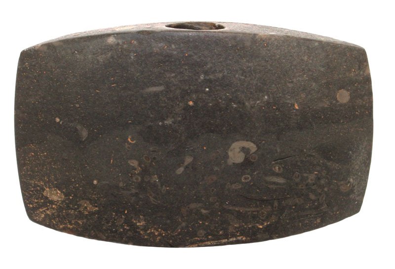 3 1/2" Double Bitted Axe Bannerstone. OH. Davis G8: 3 1/2" Double Bitted Axe Bannerstone. Gallia Co, OH. Greenish Limestone. Davis G8 COA