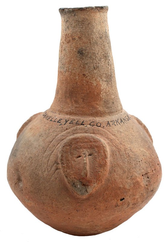 Rare 8 1/2" Face Medallion Bottle. AR. Hathcock: Rare 8 1/2" Face Medallion Bottle. Yell Co, AR. Appears solid. Very unusual motif. Very fine example. Ex-Robert Bell. Hathcock