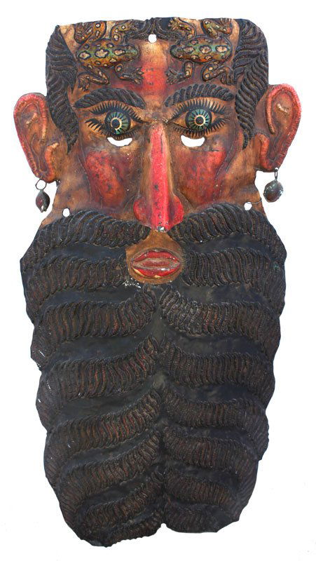 31 1/2" Painted Copper Dance Mask. Riddick Collection: 31 1/2" Painted Copper Dance Mask representing Los Barbones, Altamirano, Guerrero. Mexico. Late 1800's to early 1900's. Rare offering from the Riddick Collection. This mask hung on Dr. Riddick's relic