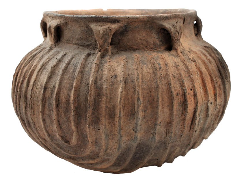 6 1/2" D. Vernon Paul Applique Jar. Pictured. Hathcock: 6 1/2" D. Vernon Paul Applique Jar. Roseland Site. Miss Co, AR. Pressure cracking, minor rim repair. Well pictured in Indian Pottery (p33, fig 58). Hathcock