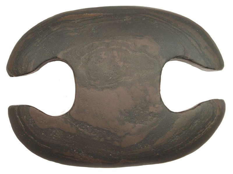 3 7/8" Notched Ovate Bannerstone. OH. Davis G10 COA: 3 7/8" Notched Ovate Bannerstone. Sandusky, OH. Ex-Duane Johnson, Earl Townsend, Leslie Hill. Brown banded Slate. Davis G10 COA