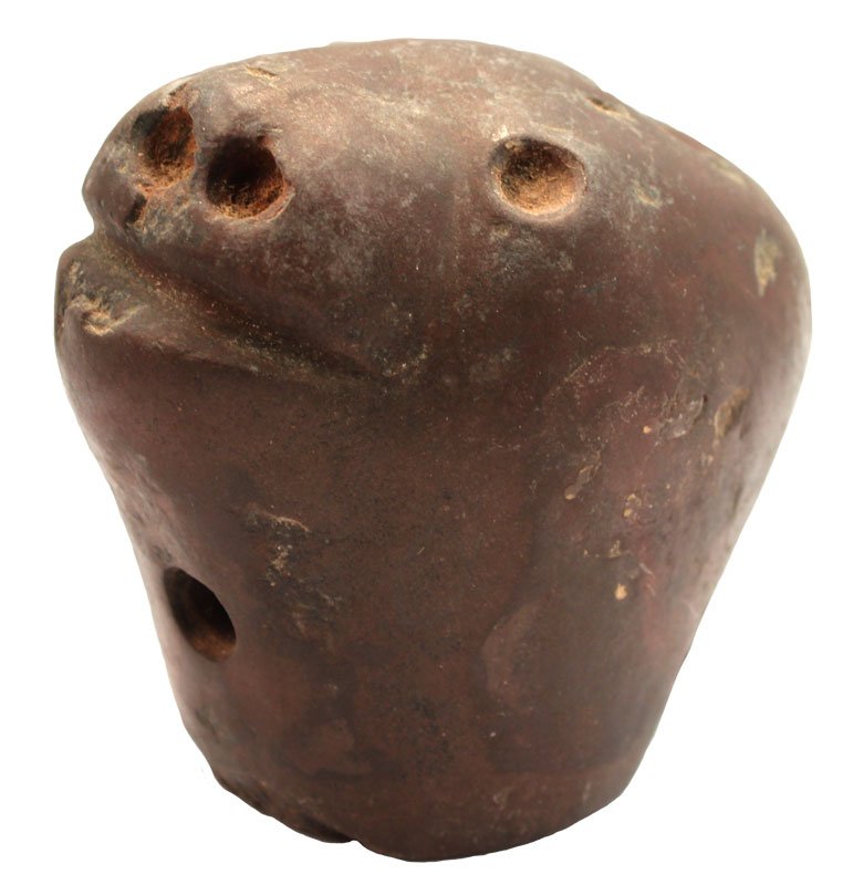 3" H. Bear Head Pipe. Pike Co, IL. Ex-Payne: 3" H. Bear Head Pipe. Dense brown hardstone. Drilling started. Pike Co, IL (near Milton). Ex-Edward Payne collection. Rare pipe form. A large pipe