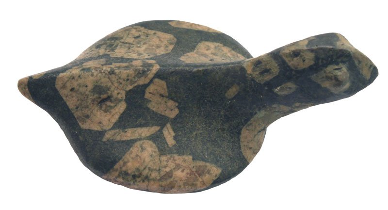 Porphyry Birdstone. MI. Pictured 1949 IL Arch: 3 1/4" Porphyry Birdstone. Cass Co, MI. Head has restoration, holes intact. Ex-Don Boudeman, Edward Payne. Found prior to 1910. Pictured on front cover of January 1949 Illinois Archaeologist and with 