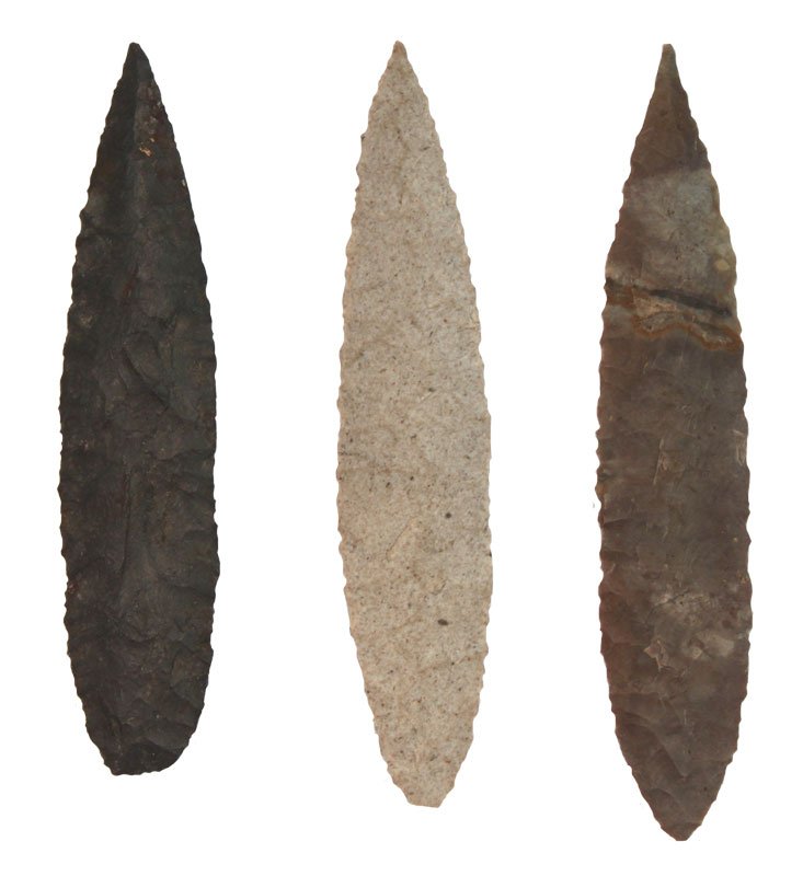 Three Willow Leaf Points. Ex-Cooperider: 3 Points from Earl's Willow Leaf Frame. Ex-C.W. Cooperider. Spiro Mound. 2 1/2"-2 3/4". Large, thin and well made. From Earl Townsend’s well-known “Willow Leaf” frame. This superb grouping of po