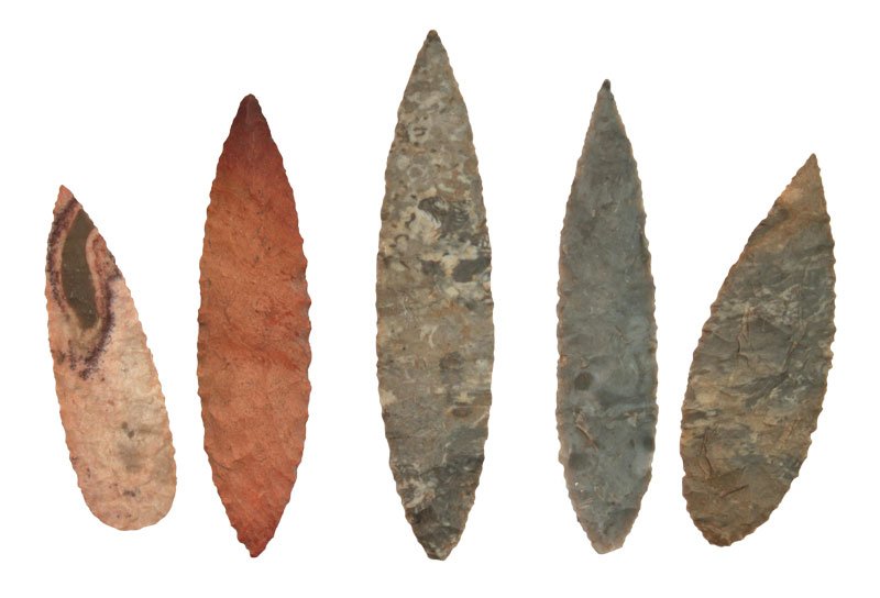 Five Willow Leaf Points. Ex-Cooperider: 5 Colorful Points from Earl's Willow Leaf Frame. Ex-C.W. Cooperider. Spiro Mound. 1 5/8" - 2 1/4". Various materials. Thin, well made. From Earl Townsend’s well-known “Willow Leaf” frame. This s