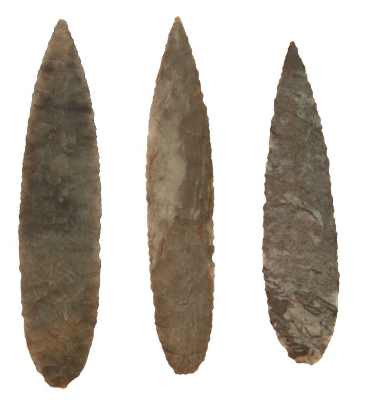 Three Willow Leaf Points. Ex-Cooperider: 3 Points from Earl's Willow Leaf Frame. Ex-C.W. Cooperider. Spiro Mound. 2 1/8"-2 3/8". Thin and well made. From Earl Townsend’s well-known “Willow Leaf” frame. This superb grouping of points hu