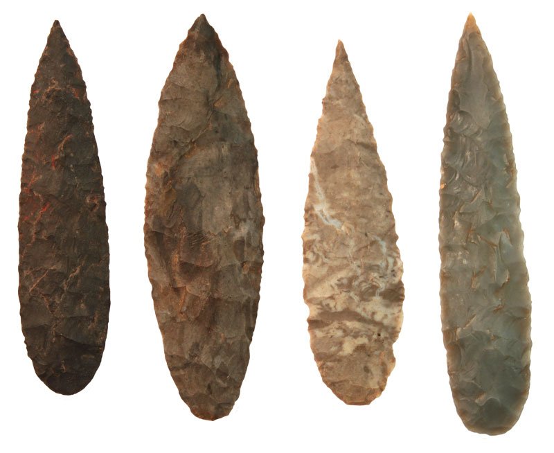 Four Willow Leaf Points. Ex-Cooperider: 4 Points from Earl's Willow Leaf Frame. Ex-C.W. Cooperider. Spiro Mound. 1 7/8"-2 1/4". A variety of materials. Thin and well made. From Earl Townsend’s well-known “Willow Leaf” frame. This supe